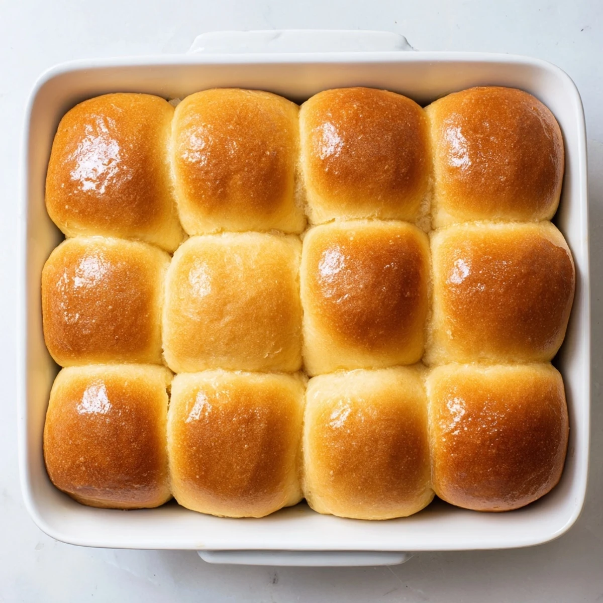 Freshly baked Buttery Bliss Brioche Rolls brushed with egg wash on a rustic wooden board