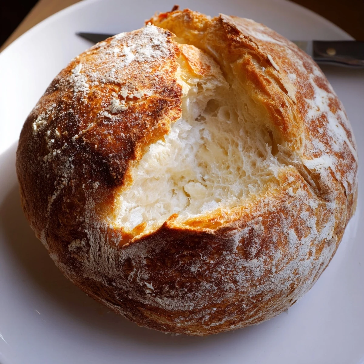 Golden brown stovetop bread with a crispy crust, sliced on a wooden cutting board
