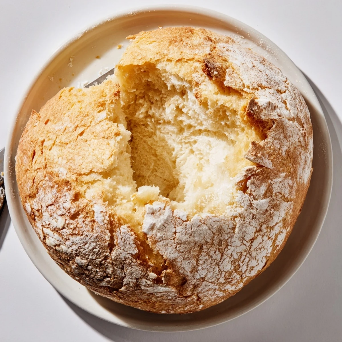 Freshly cooked no-oven bread loaf flecked with flour, cooling on a wire rack