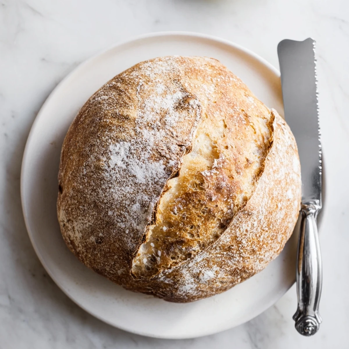 Golden brown artisan no knead bread with crackly crust and airy crumb on wooden board
