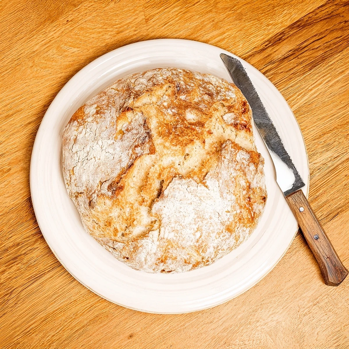 Steam rising from hot artisan no knead bread baked in Dutch oven with deep golden crust