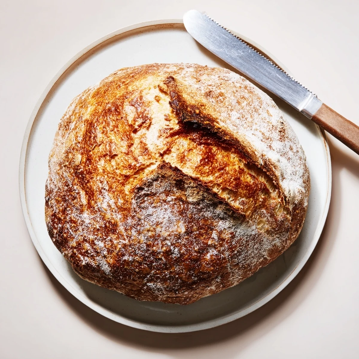 Rustic no knead bread loaf sliced to reveal chewy interior dusted with flour