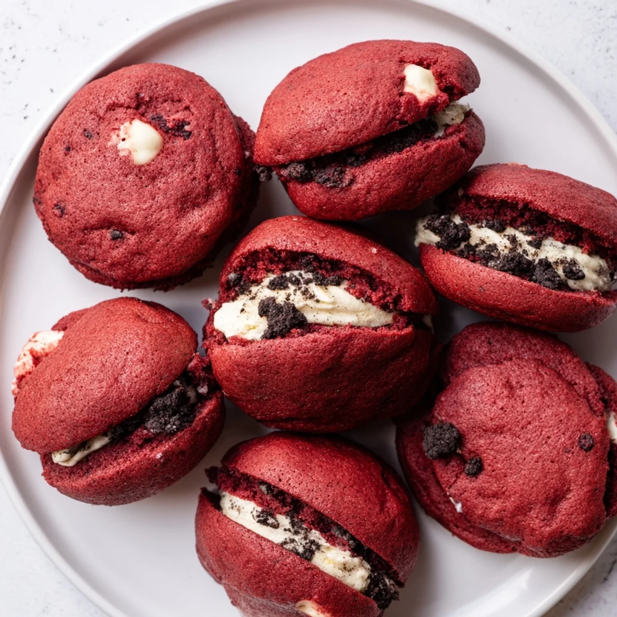 Freshly baked homemade red velvet Oreo cookies stuffed with creamy white filling and white chocolate chips