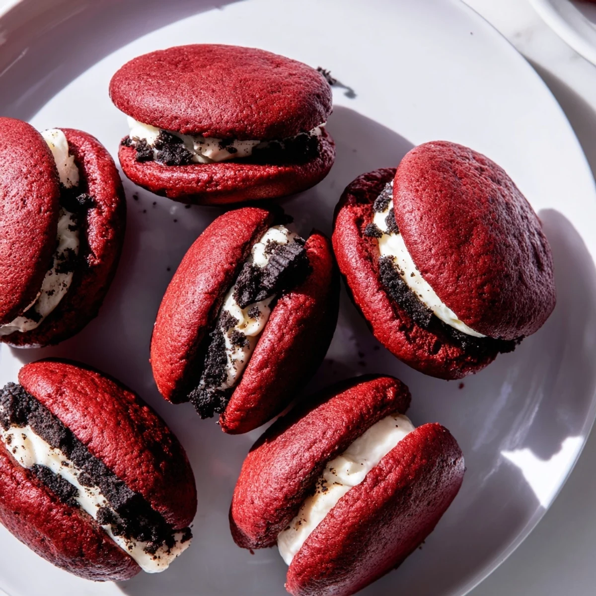 Chewy red cocoa cookies filled with crushed Oreo cream cheese frosting, perfect for sharing on a festive dessert platter