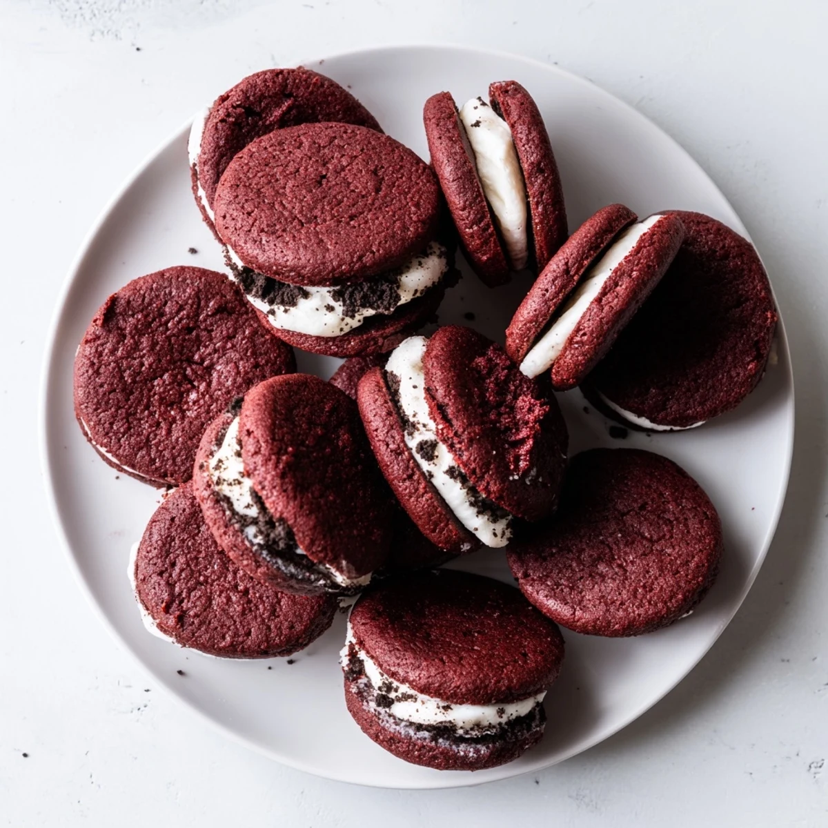 Warm homemade red velvet Oreo cookies with melty white chocolate chips and rich cream filling on a white plate