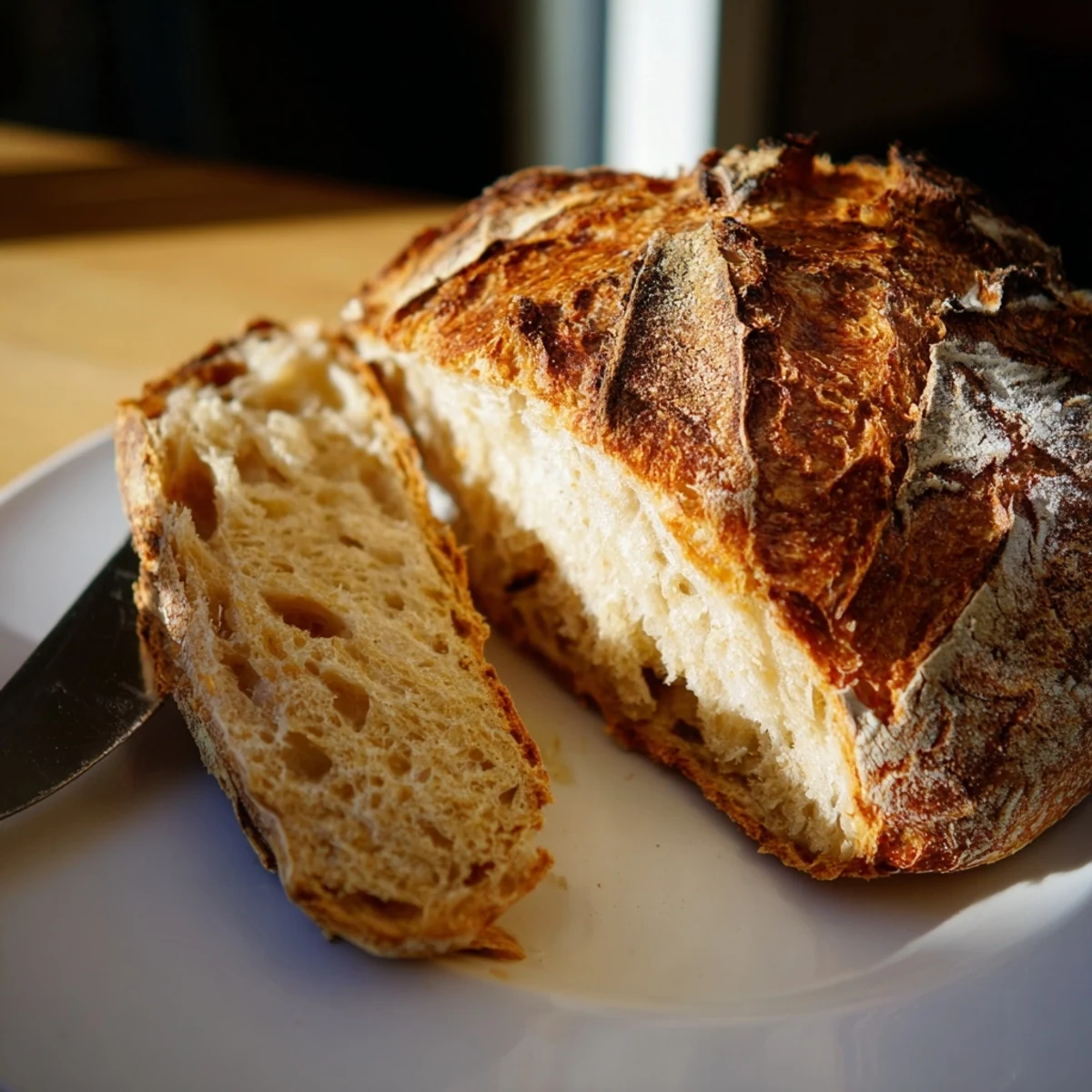 Golden crusty bread loaf with crackling surface and soft chewy interior on wooden board