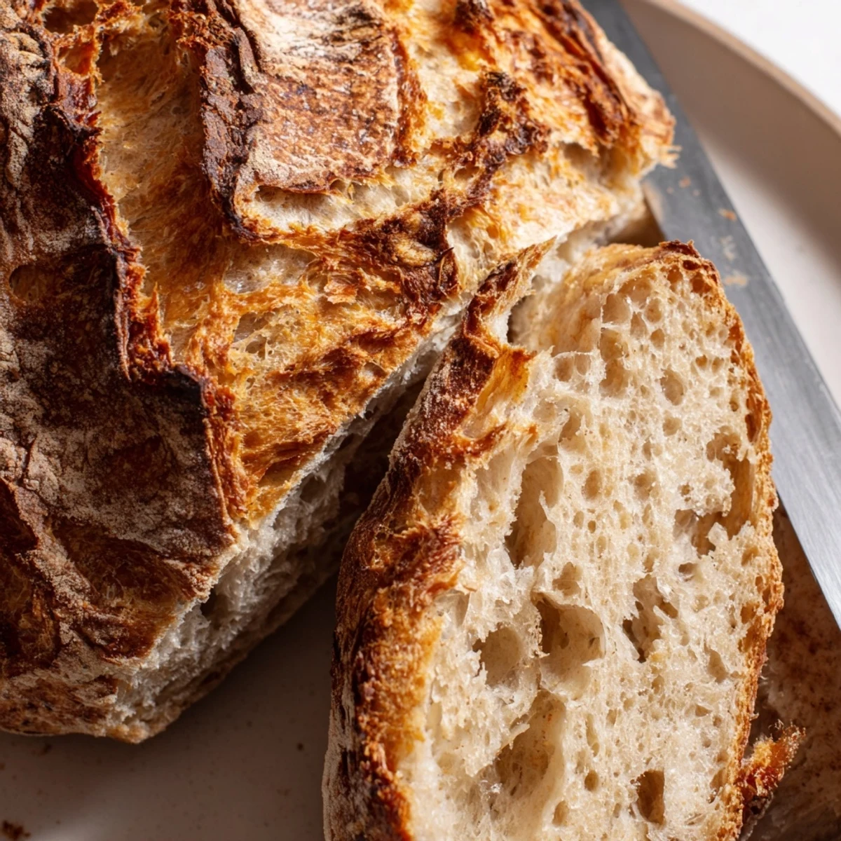 Freshly baked crusty bread sliced open revealing airy holes perfect for dipping in soups