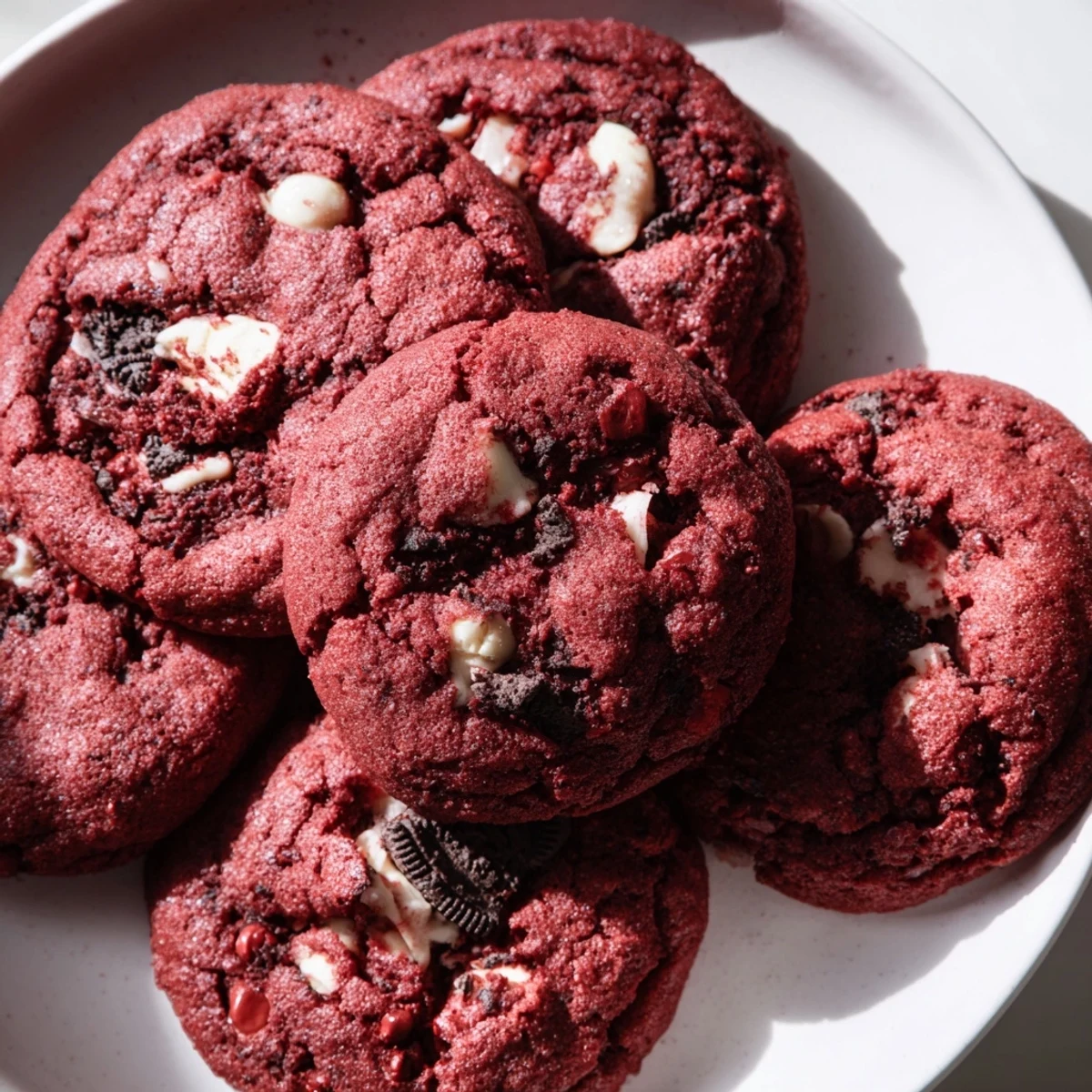 Soft red velvet Oreo cookies studded with white chocolate chips and crushed cookie chunks on a white plate