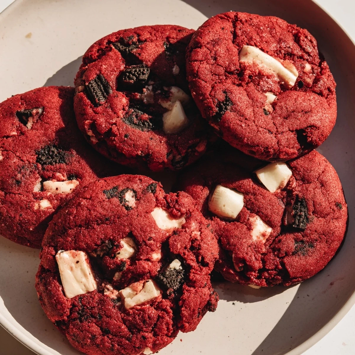 Freshly baked red velvet Oreo cookies showing deep red color with white chocolate and Oreo pieces throughout