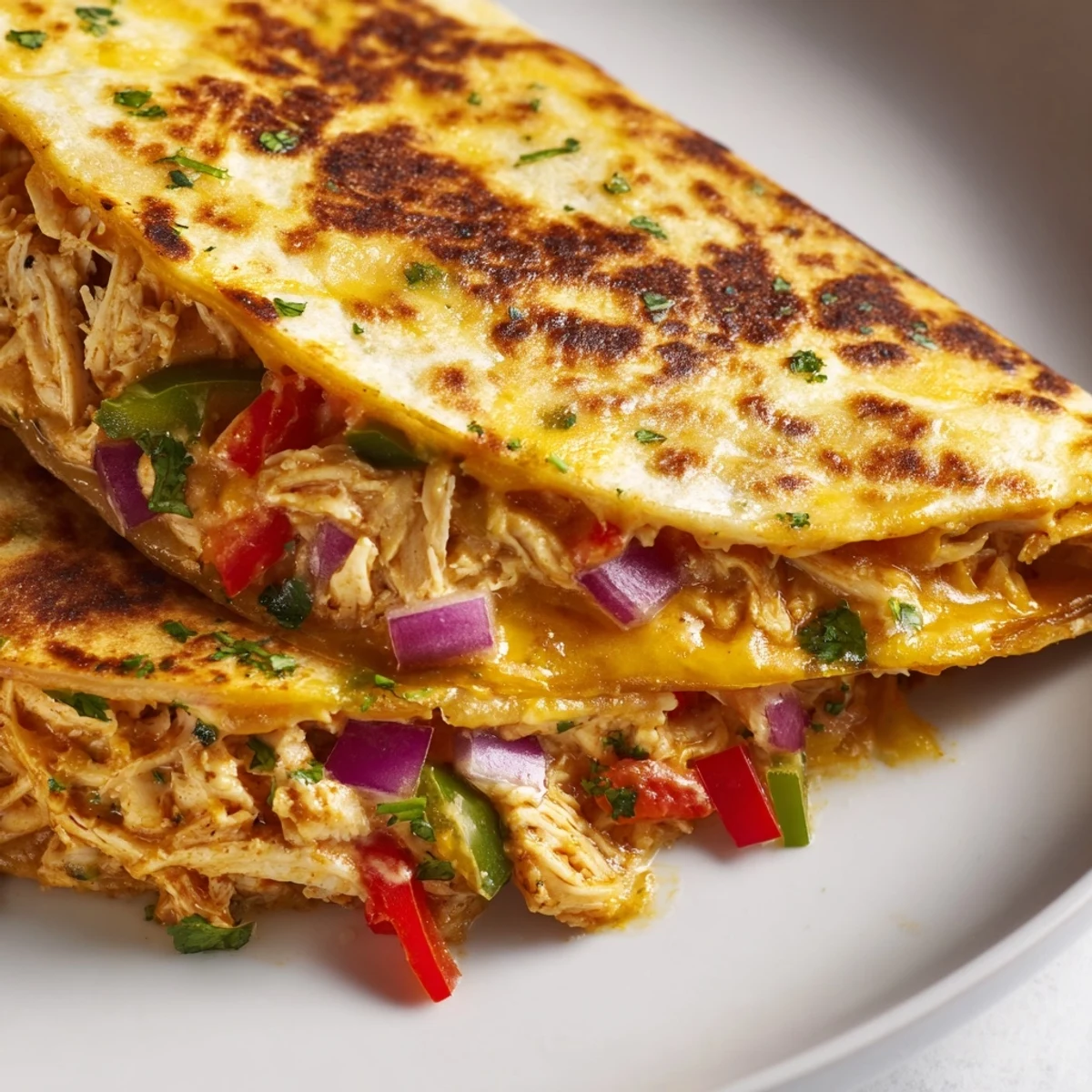 Golden chicken quesadillas sliced into wedges with melted cheddar and colorful bell peppers