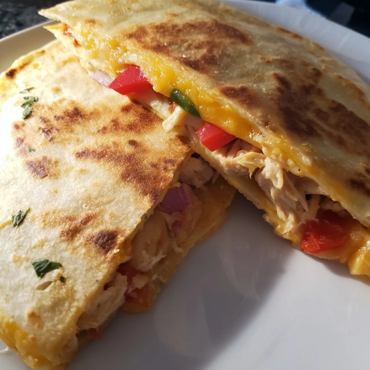 Crispy flour tortilla quesadillas filled with seasoned chicken and gooey cheese on a wooden board