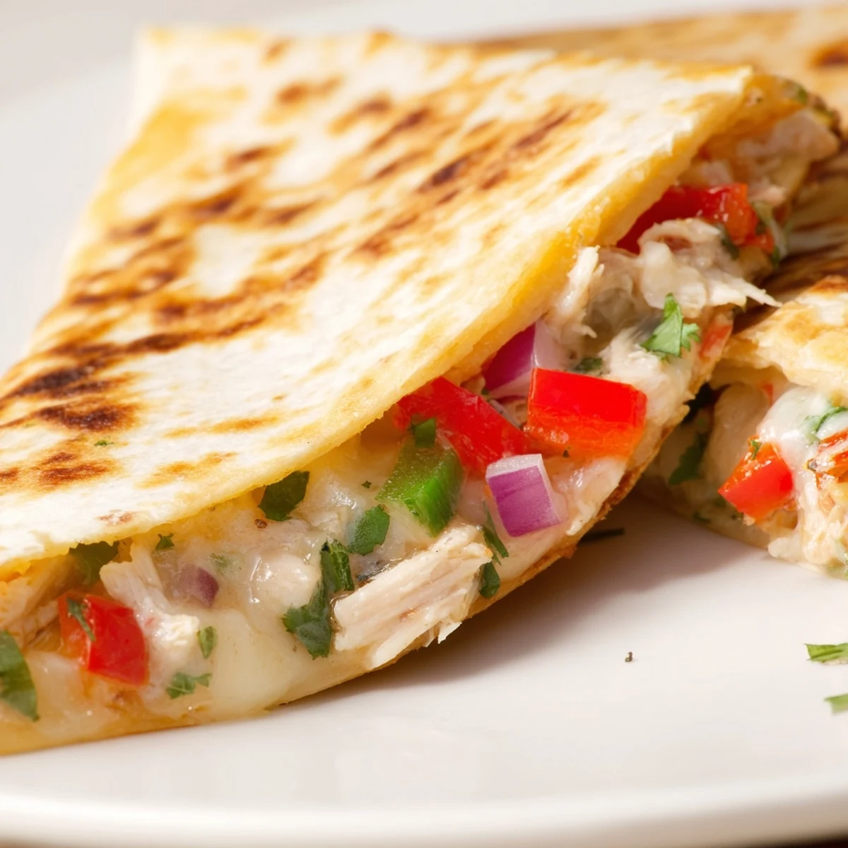 Easy chicken quesadillas featuring vibrant red and green peppers with a golden brown finish