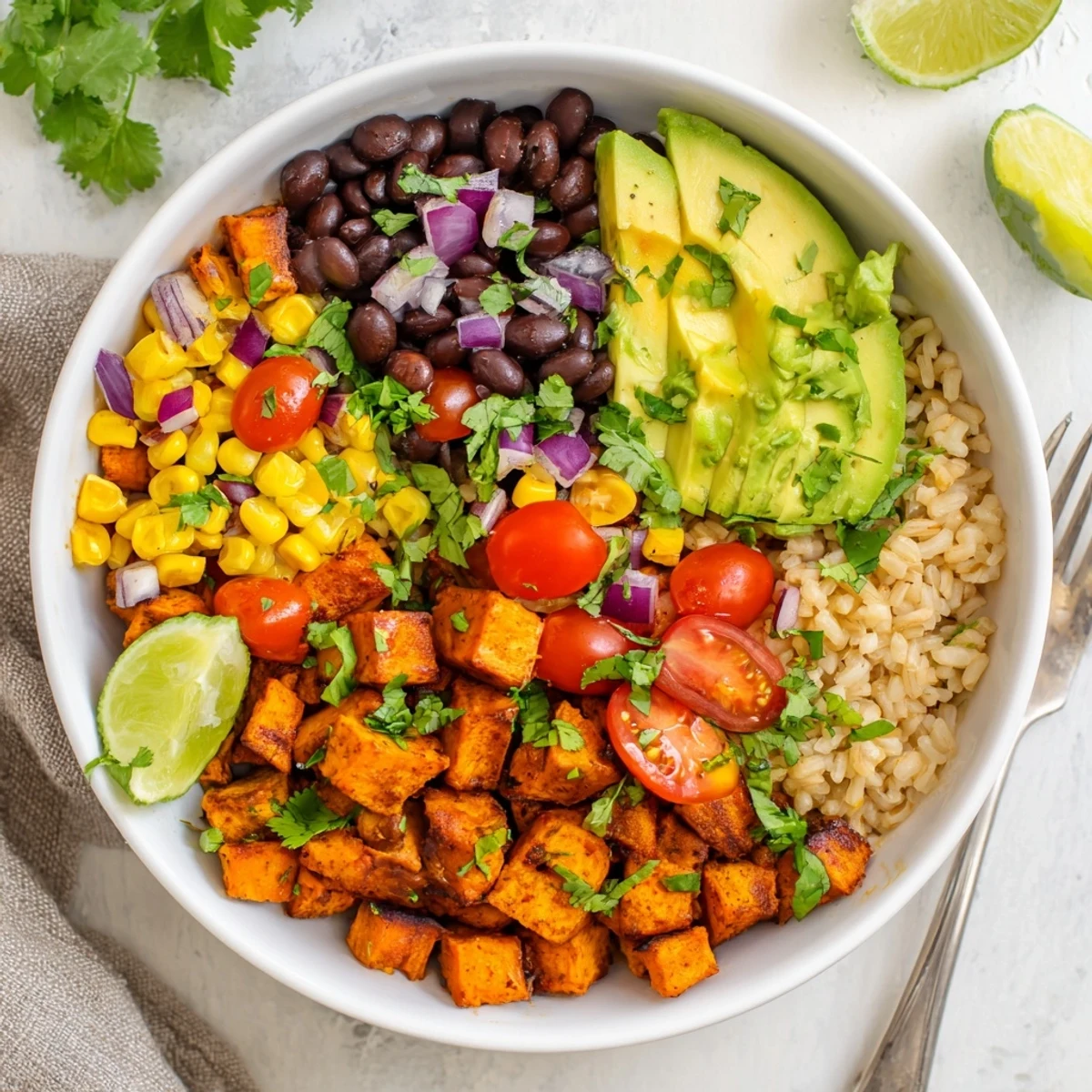 Colorful vegan sweet potato burrito bowl with roasted potatoes, black beans, avocado, and fresh cilantro