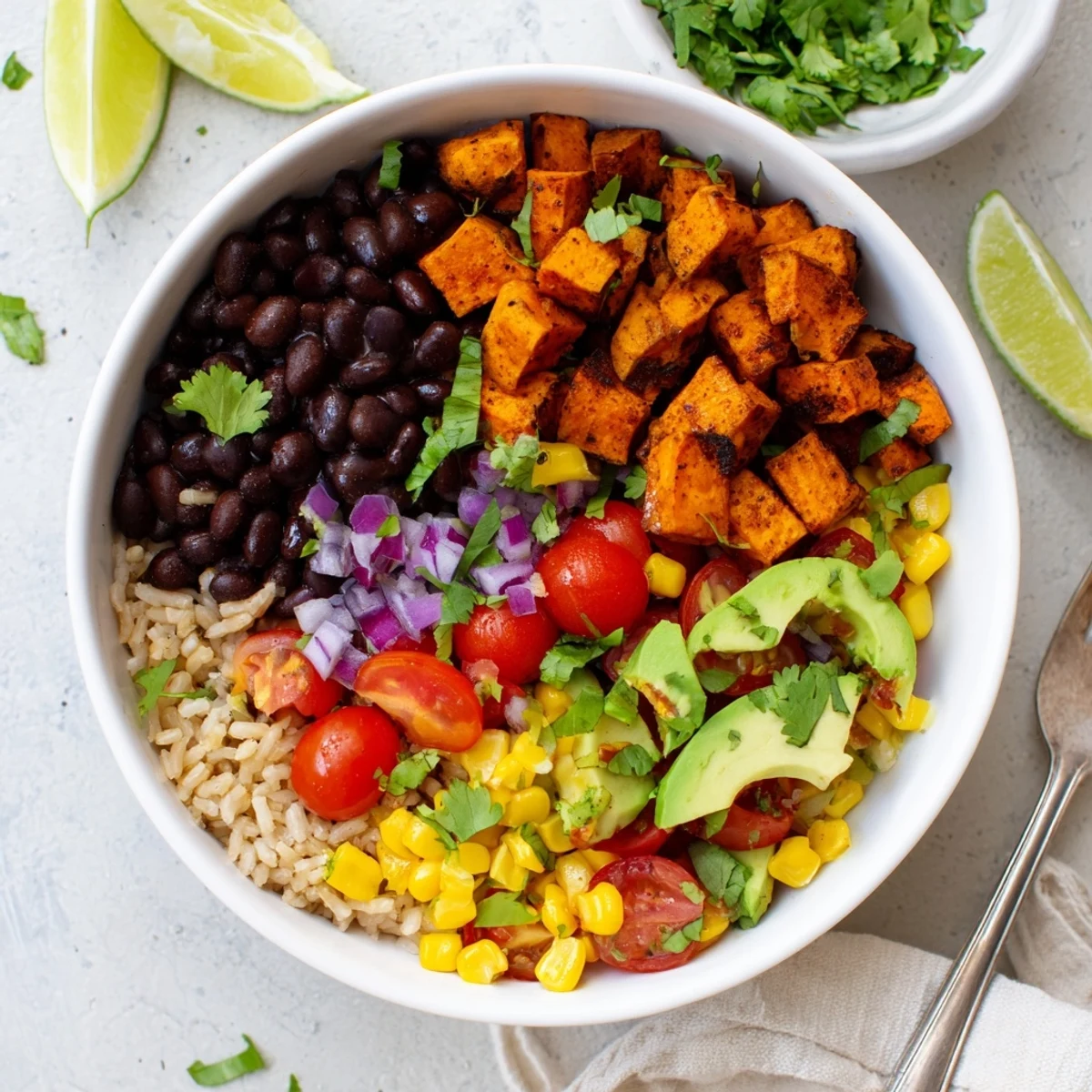 Hearty Mexican-inspired vegan sweet potato burrito bowl topped with corn, tomatoes, and creamy diced avocado