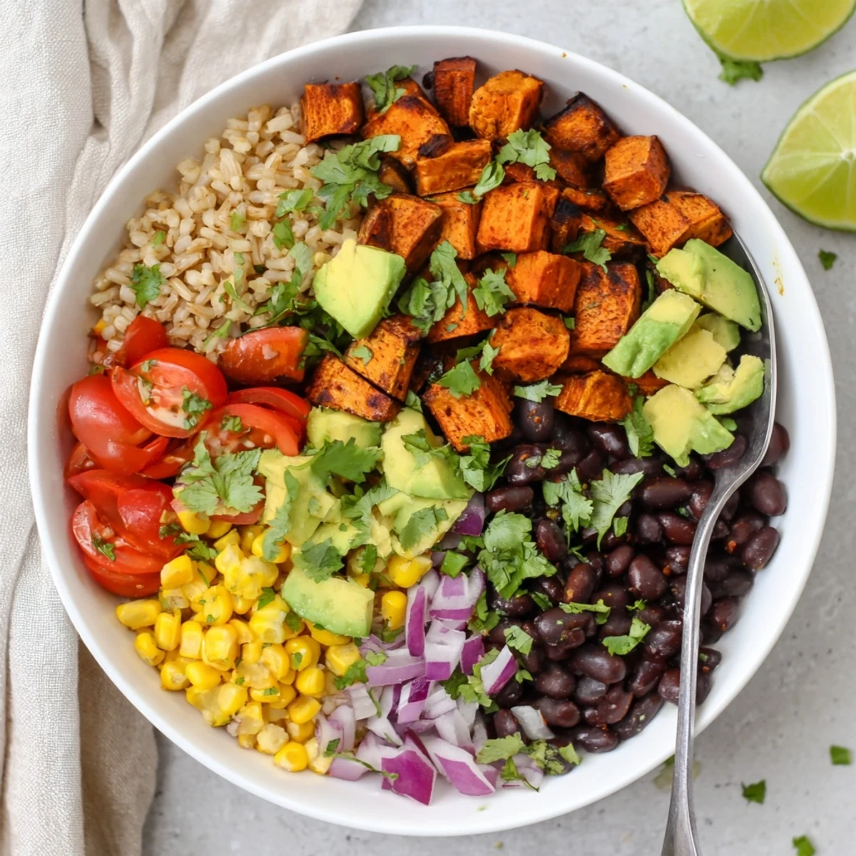 Plant-based sweet potato burrito bowl featuring spiced roasted potatoes over brown rice with vibrant toppings