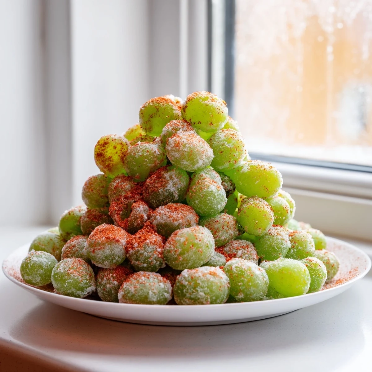 Bowl of frozen Tajín grapes coated in spicy red seasoning and fresh lime juice
