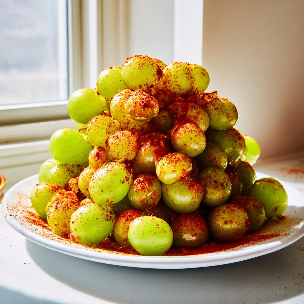 Refreshing frozen Tajín grapes with chili-lime coating served in a white bowl for snacking
