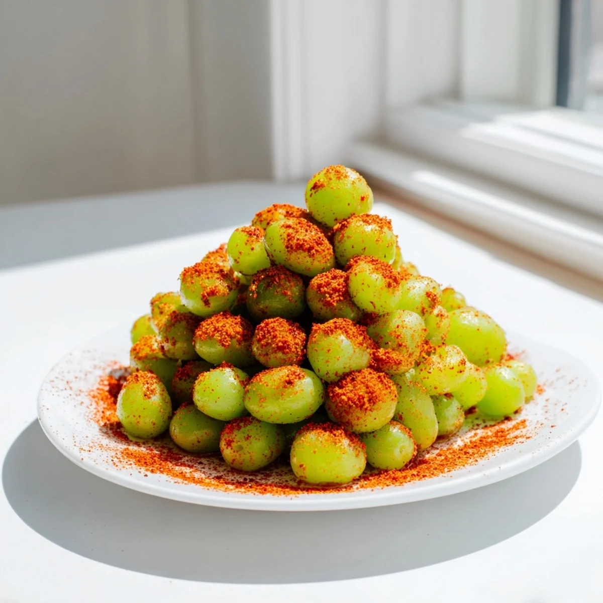 Green grapes dusted with tangy Tajín spice on a parchment-lined baking sheet ready for freezing