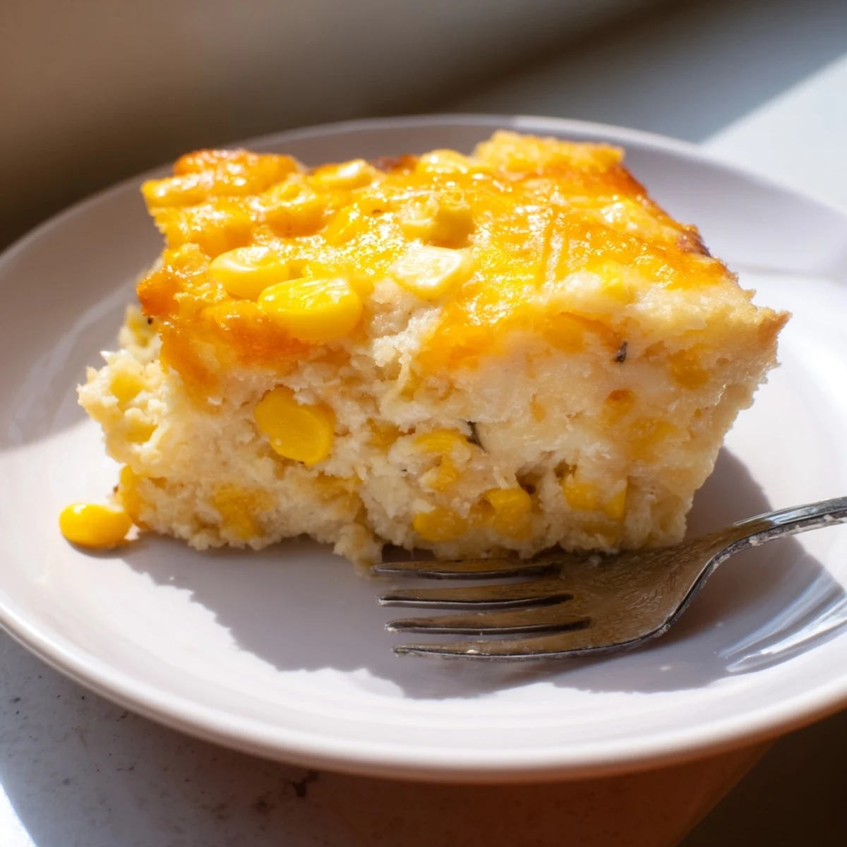 Golden honey glazed corn casserole with a caramelized top and creamy tender kernels