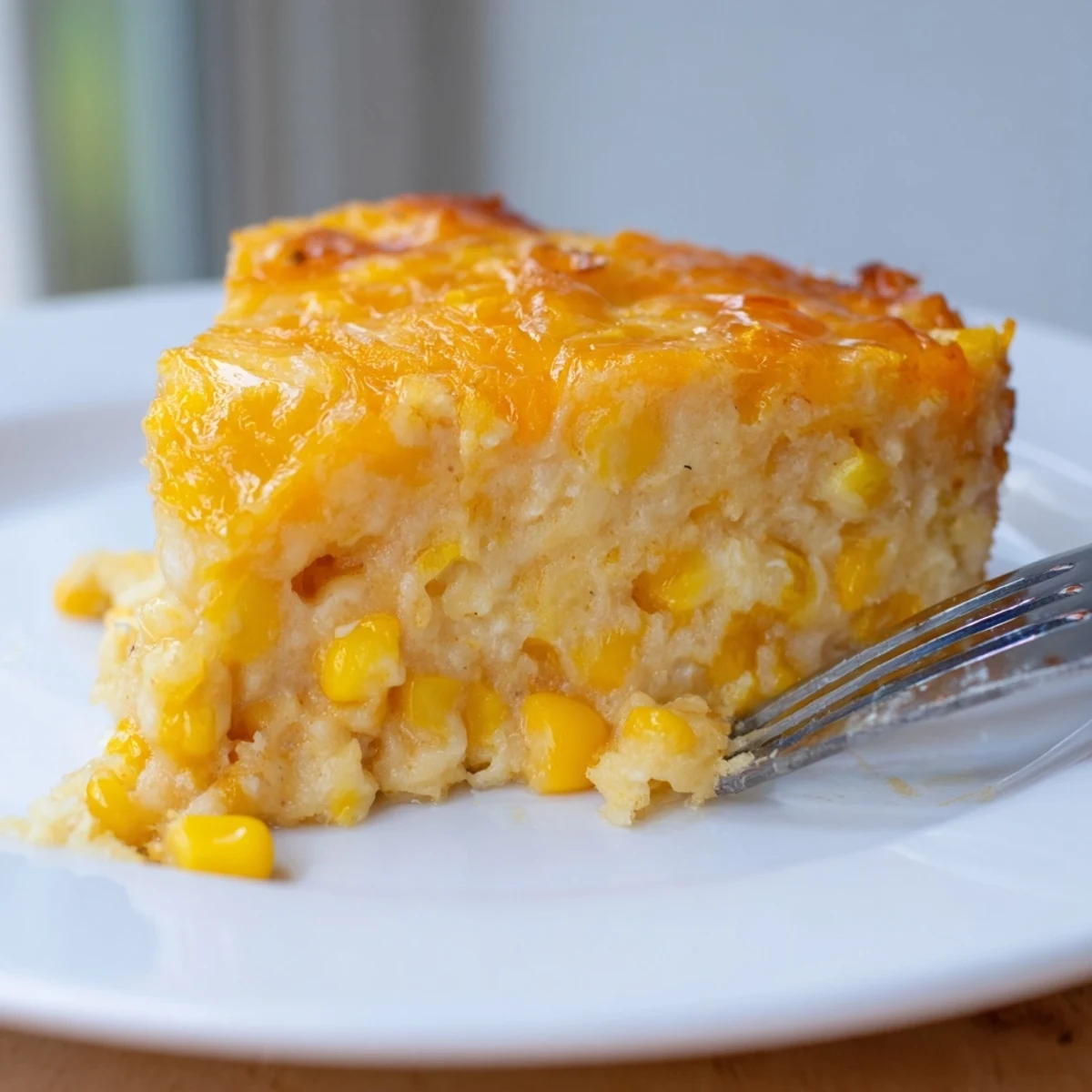 Spoonful of honey glazed corn casserole showcasing sweet custard and golden brown baked surface