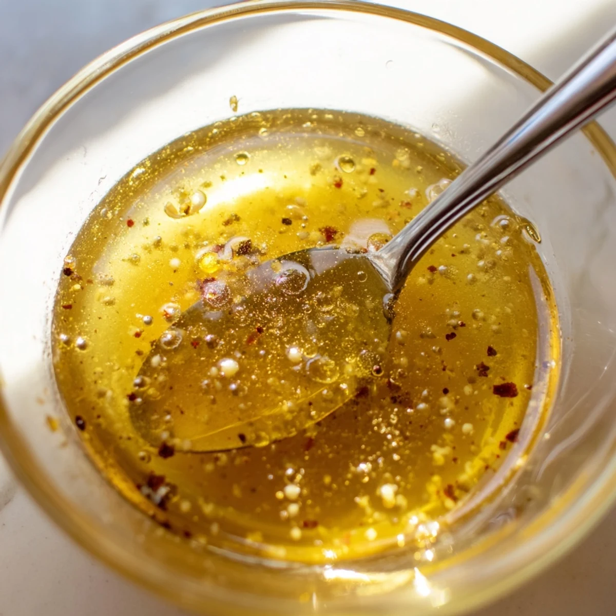 Golden honey lemon vinaigrette drizzled over fresh mixed greens in a white bowl