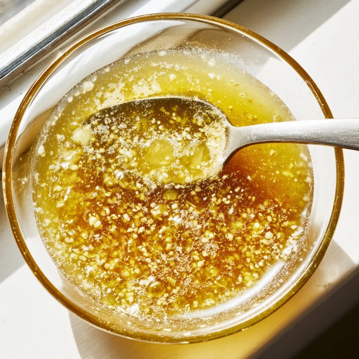 Creamy honey lemon vinaigrette emulsion whisked in a glass jar with lemon zest garnish