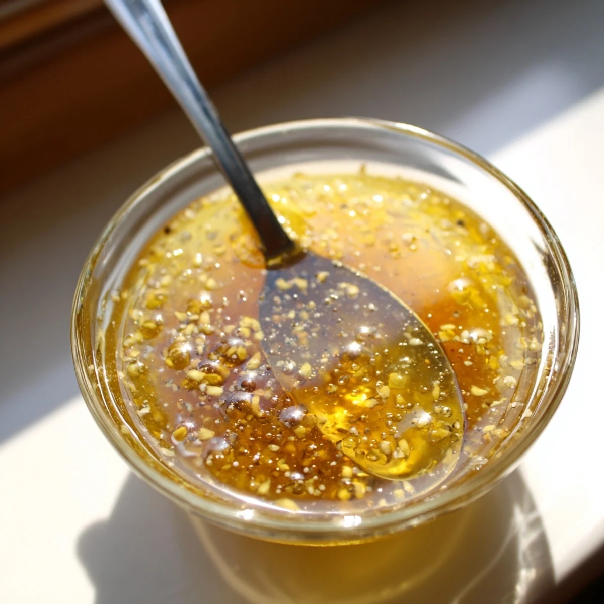 Translucent amber honey lemon vinaigrette coating crisp lettuce leaves with visible honey texture