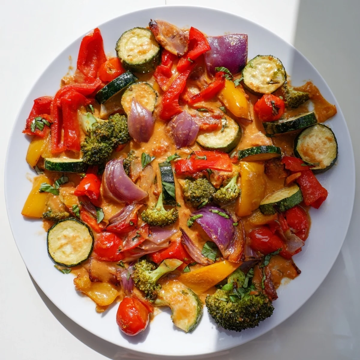 Golden roasted vegetables coated in creamy sun-dried tomato sauce garnished with fresh basil