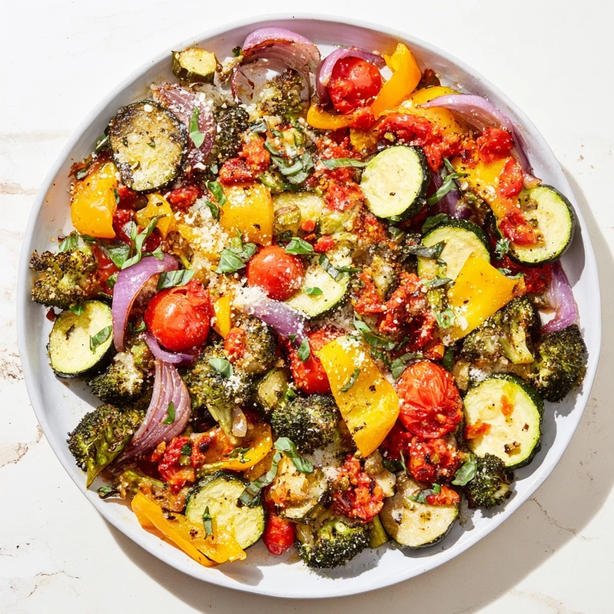 Colorful medley of tender zucchini bell peppers and eggplant in rich tomato cream sauce