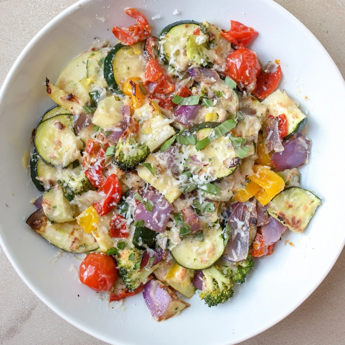 Marry Me roasted vegetable medley drizzled with Parmesan cream sauce and sprinkled with basil