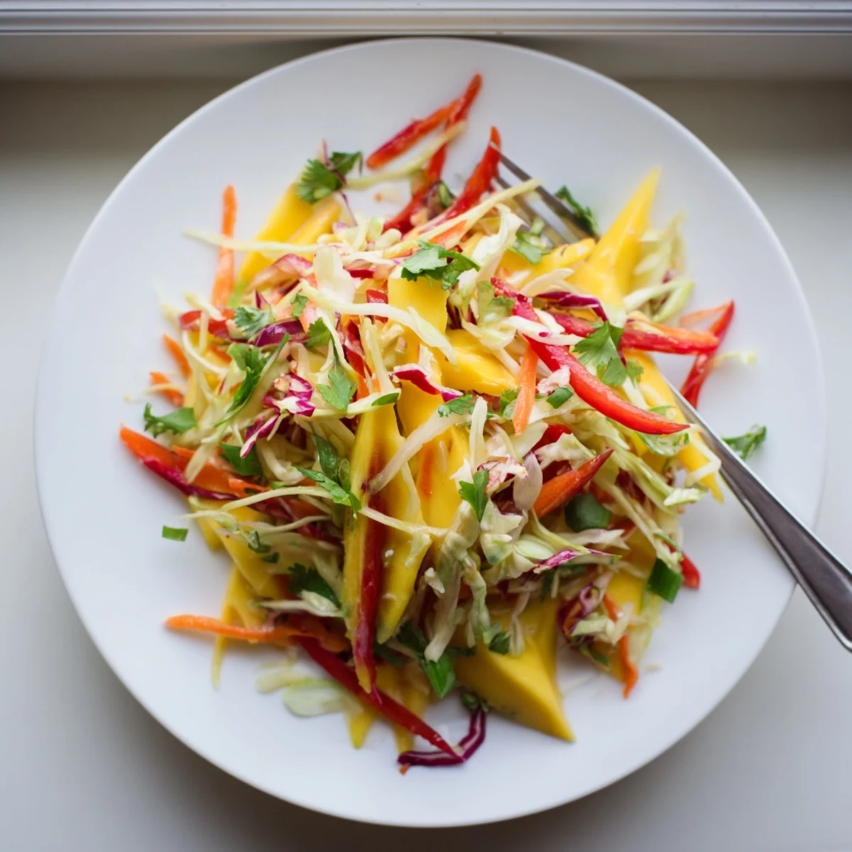 Colorful mango slaw bowl with shredded cabbage, crisp vegetables, and zesty lime dressing ready for serving