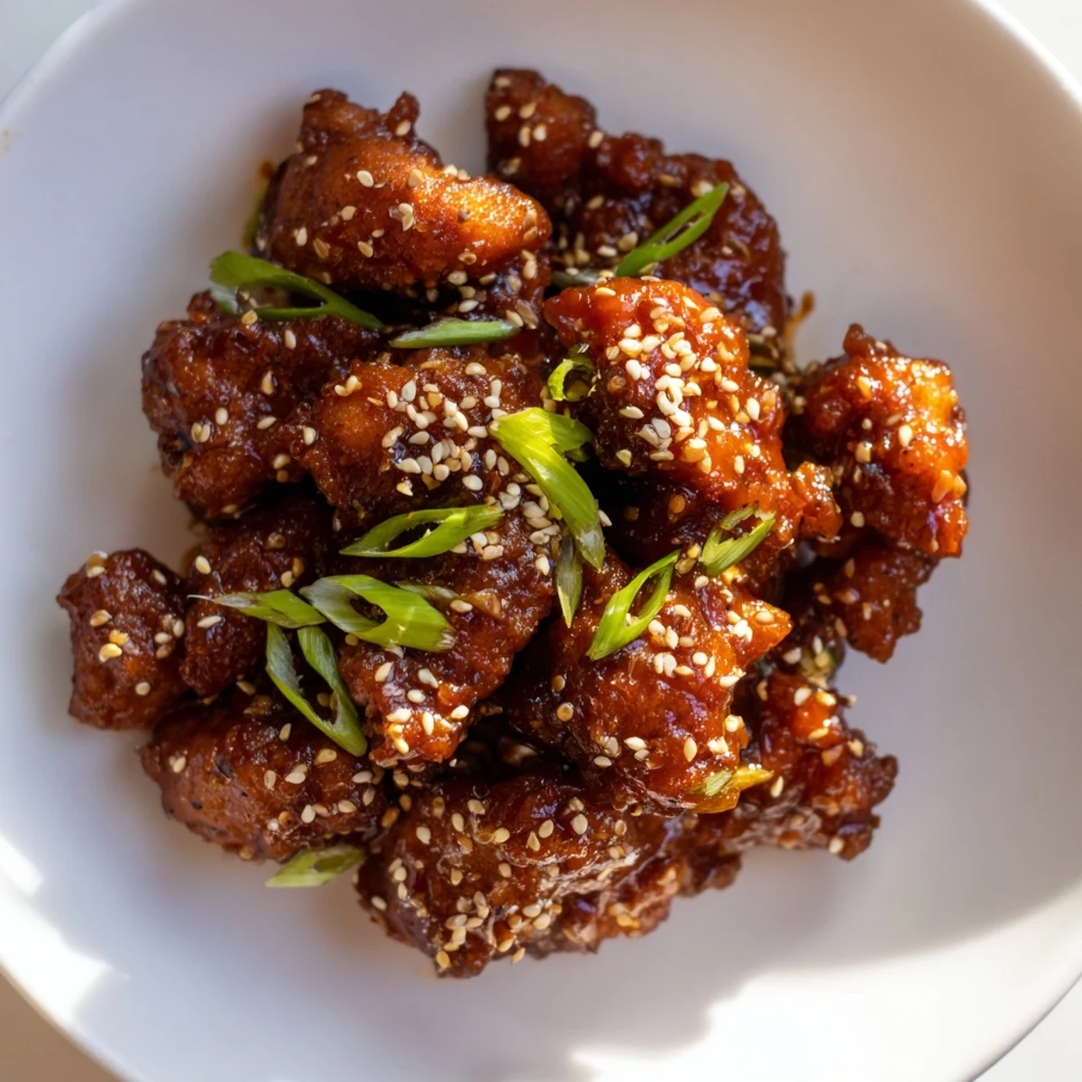 Golden sticky sweet chili chicken pieces glazed in red sauce with sesame seeds and green onion garnish on white plate