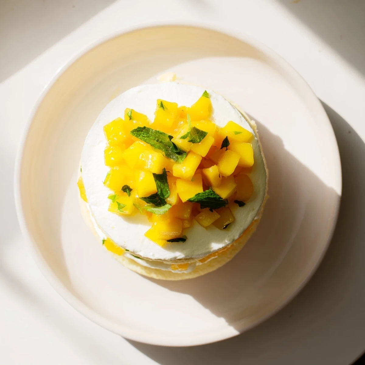 Mini mango yuzu Chantilly cake showcasing fluffy cream layers with vibrant tropical mango chunks
