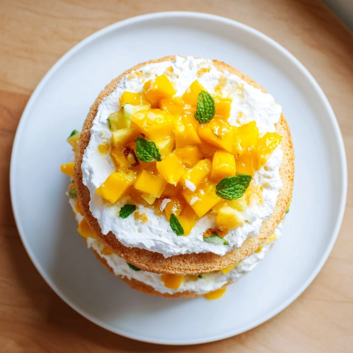 Elegant French-Japanese mini mango yuzu Chantilly cake topped with fresh mint and edible flowers