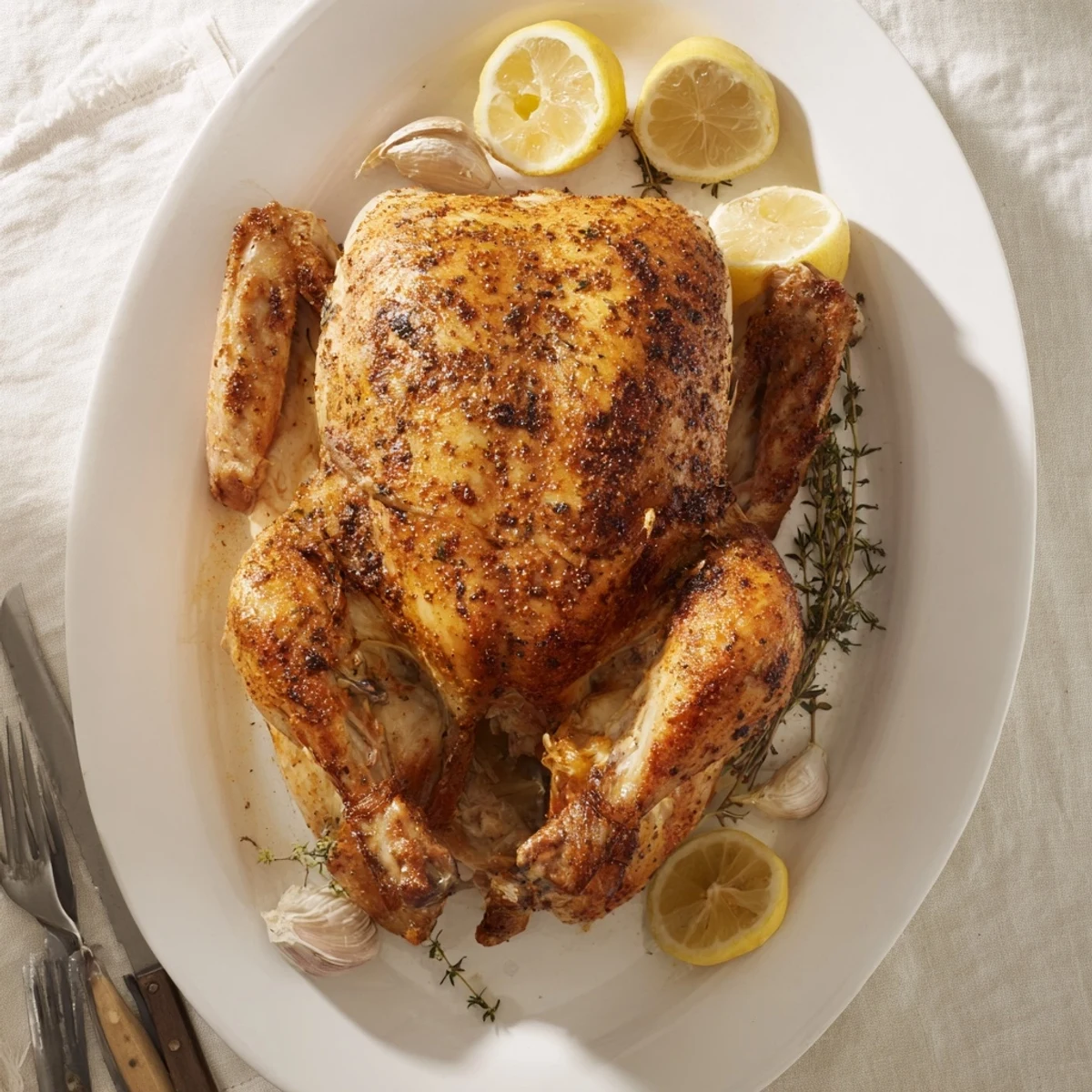 Whole roasted rotisserie chicken with herb seasoning served for family dinner