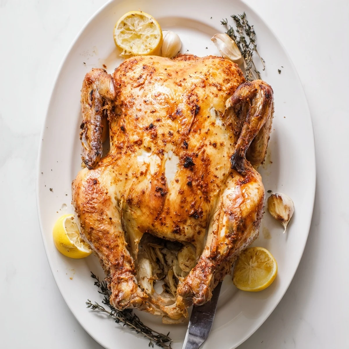 Tender juicy rotisserie chicken with lemon garlic garnish on wooden platter