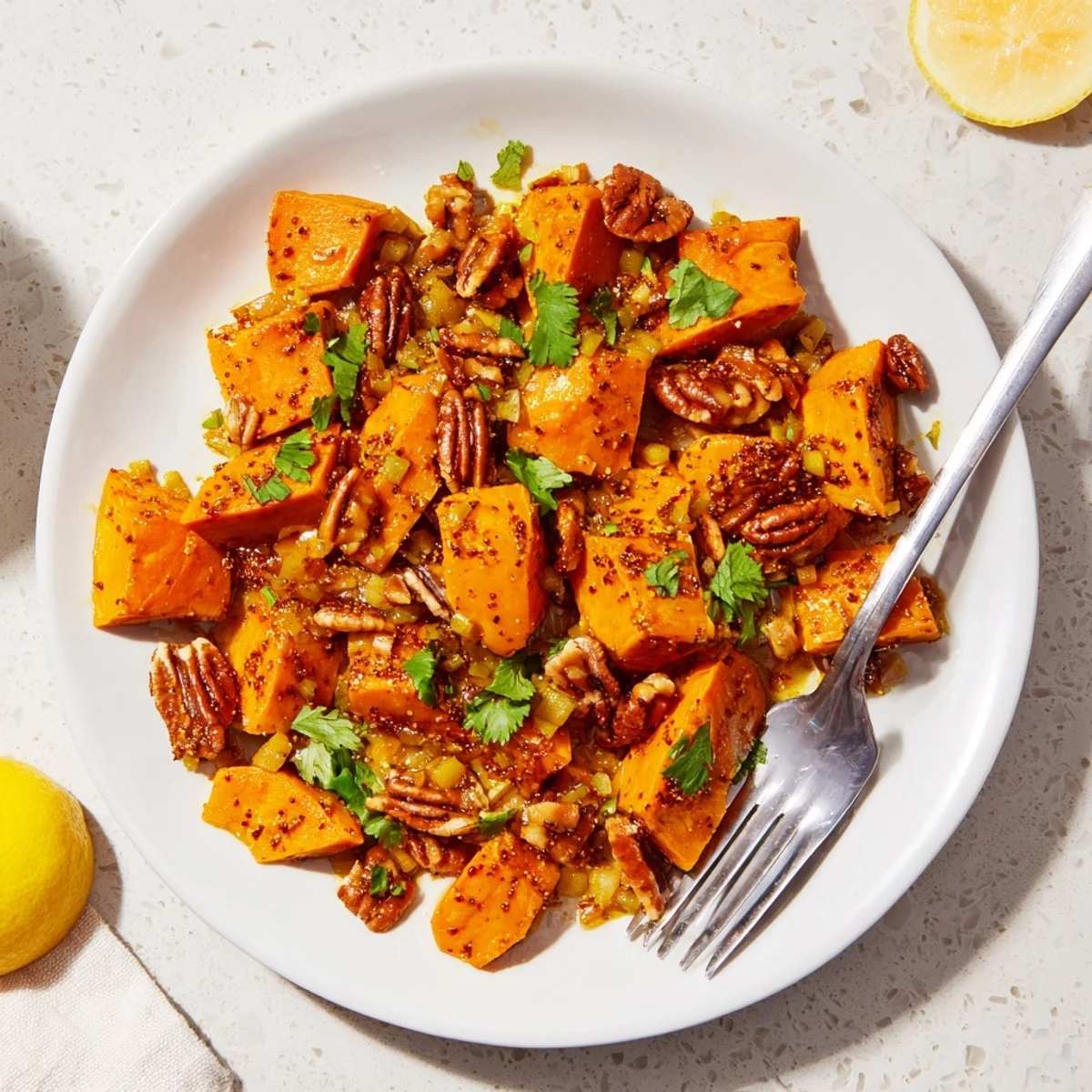 Golden braised sweet potatoes with spicy piri piri pecans on a white serving plate