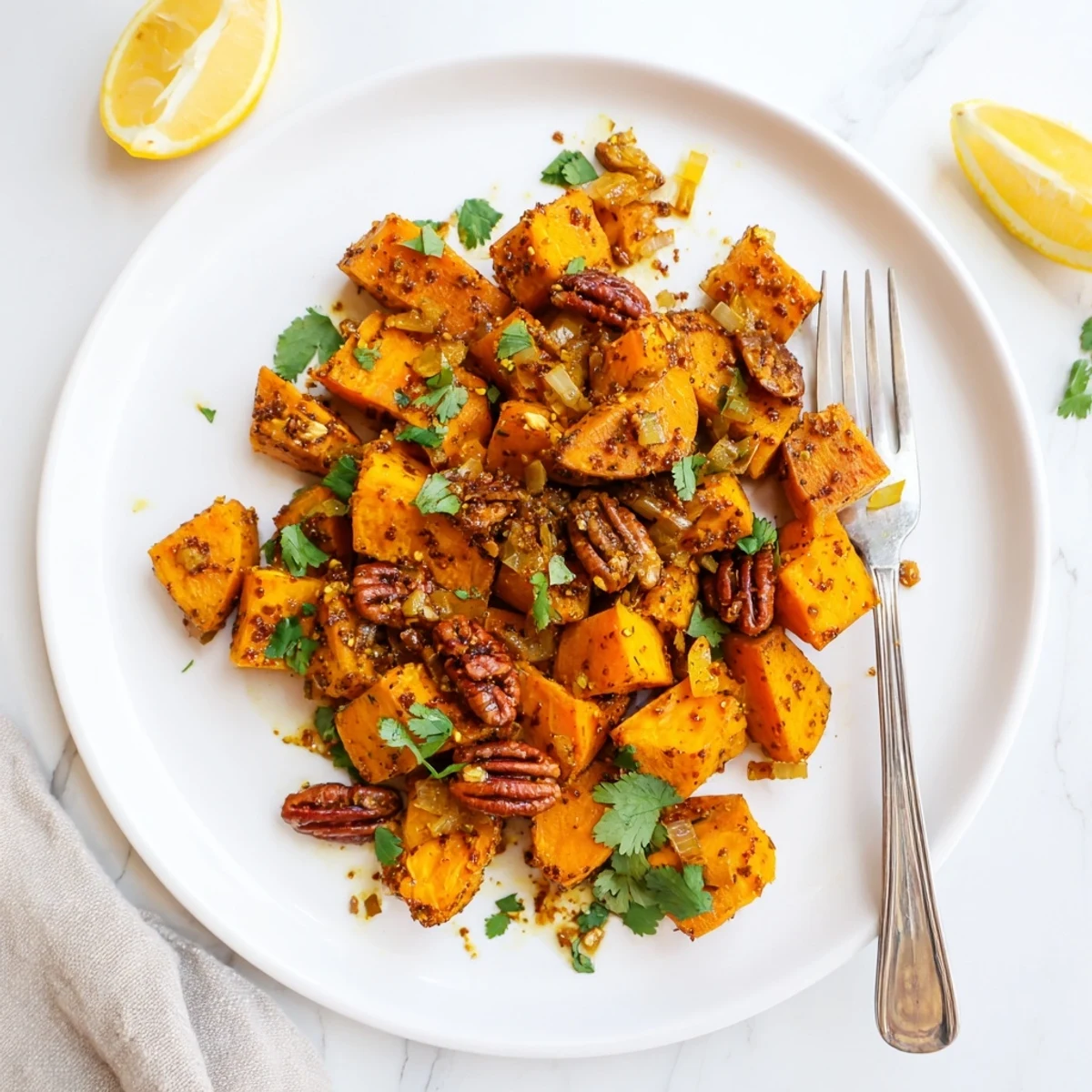Tender glazed sweet potato cubes topped with crunchy roasted pecans and fresh green herbs