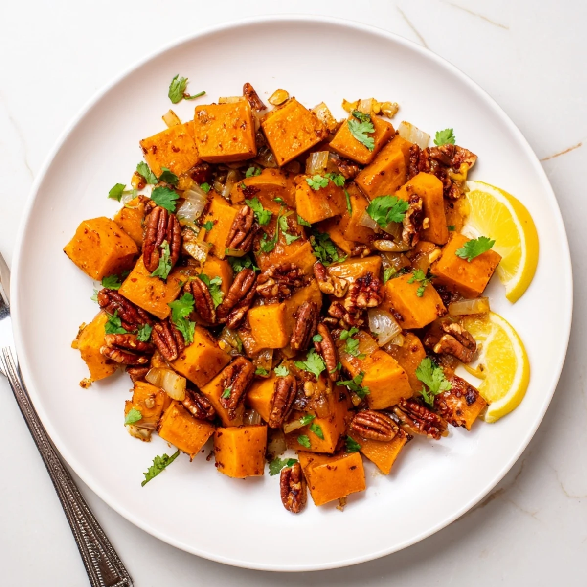 Silky braised sweet potatoes finished with hot spiced pecans in a rustic ceramic bowl