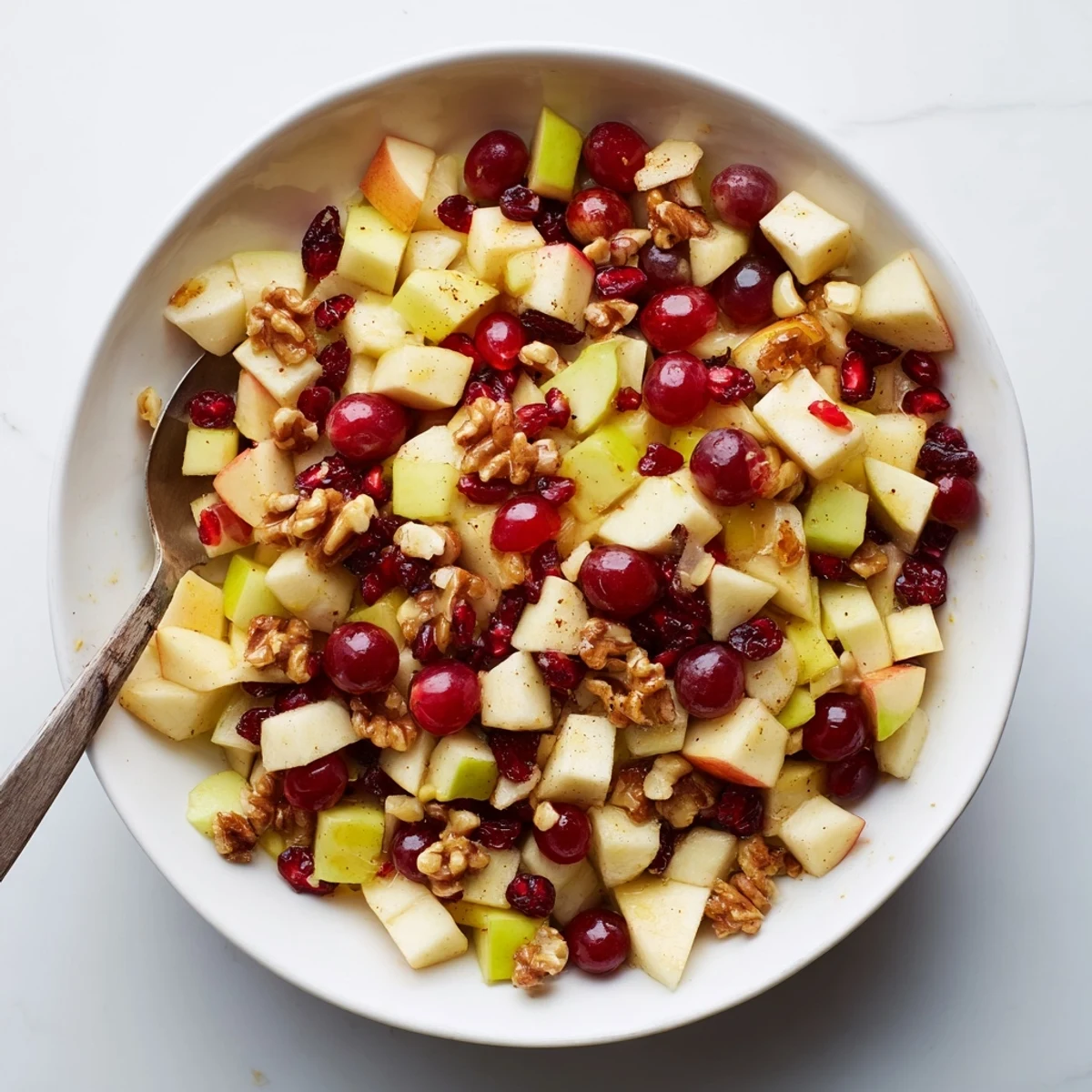 Glass serving bowl filled with Minute Fall Fruit Salad showcasing red grapes, cranberries, and seasonal produce coated in orange honey dressing