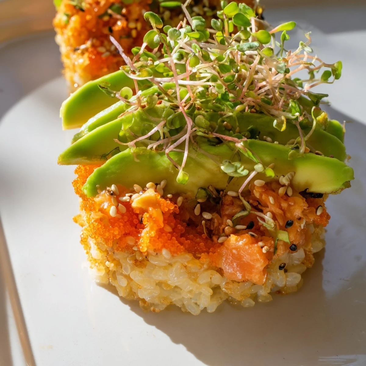 Golden pan-fried salmon crispy rice topped with fresh avocado slices and spicy sriracha mayo