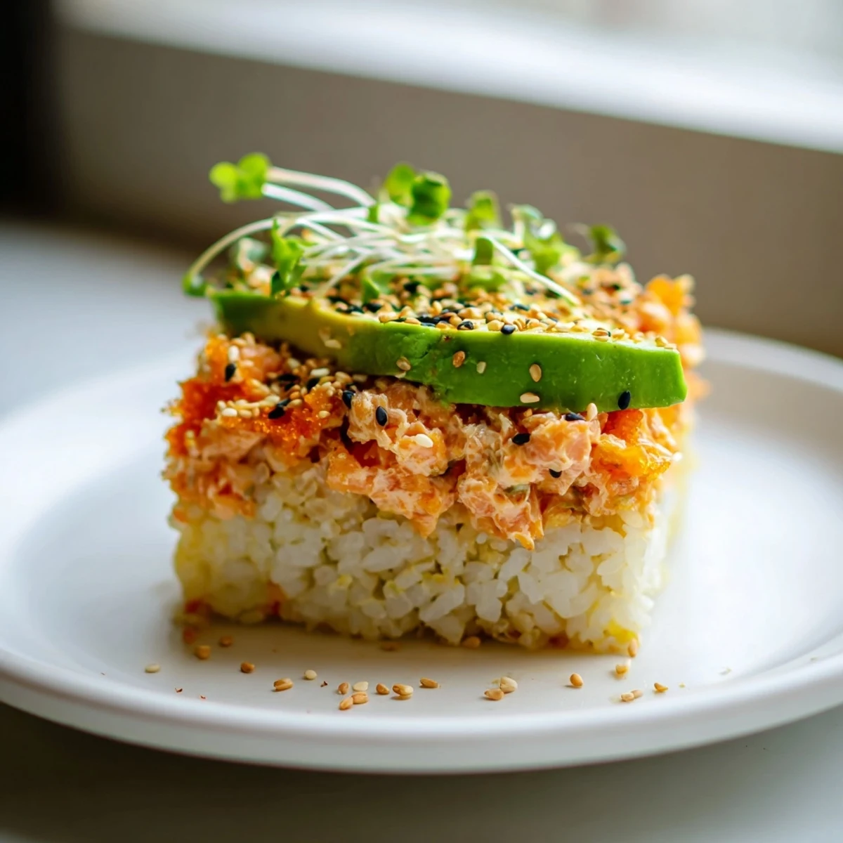 Japanese-style salmon crispy rice appetizer garnished with sesame seeds and delicate microgreens