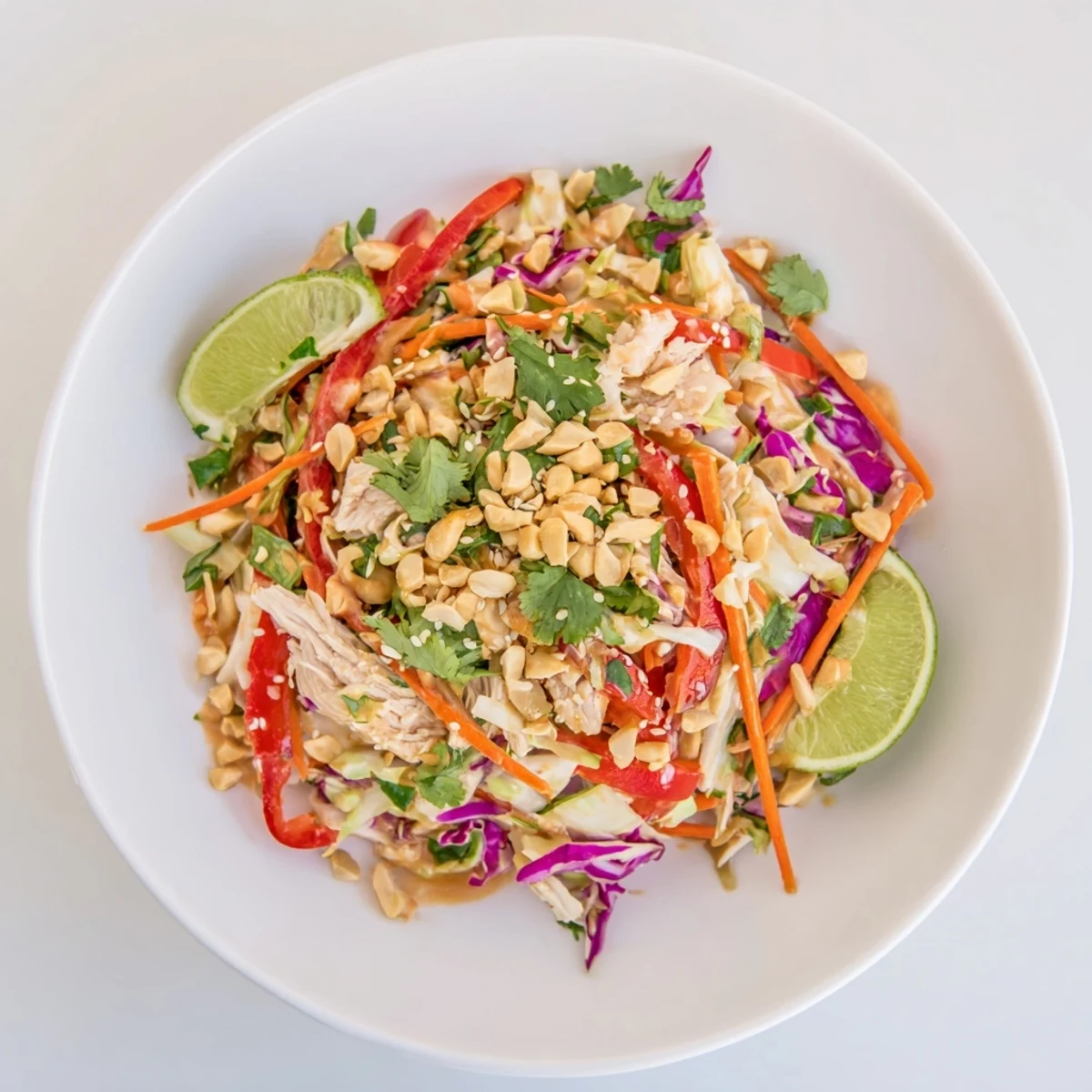 Fresh no cook Asian chicken salad with shredded cabbage, peppers, and sesame ginger dressing