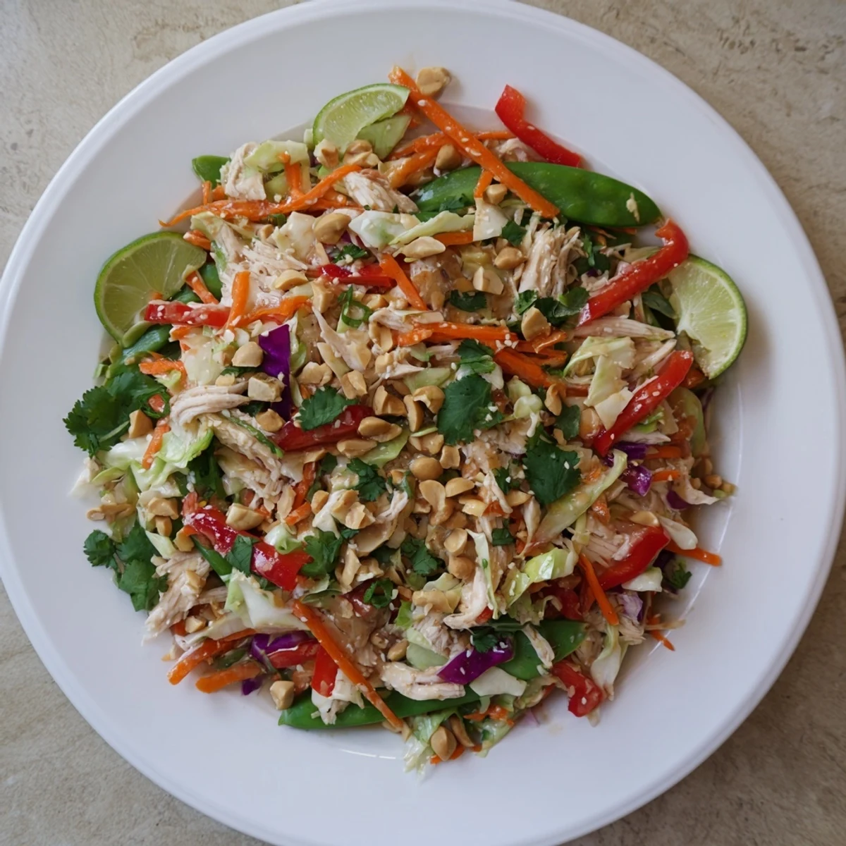 Colorful bowl of Asian chicken salad topped with roasted peanuts and sesame seeds