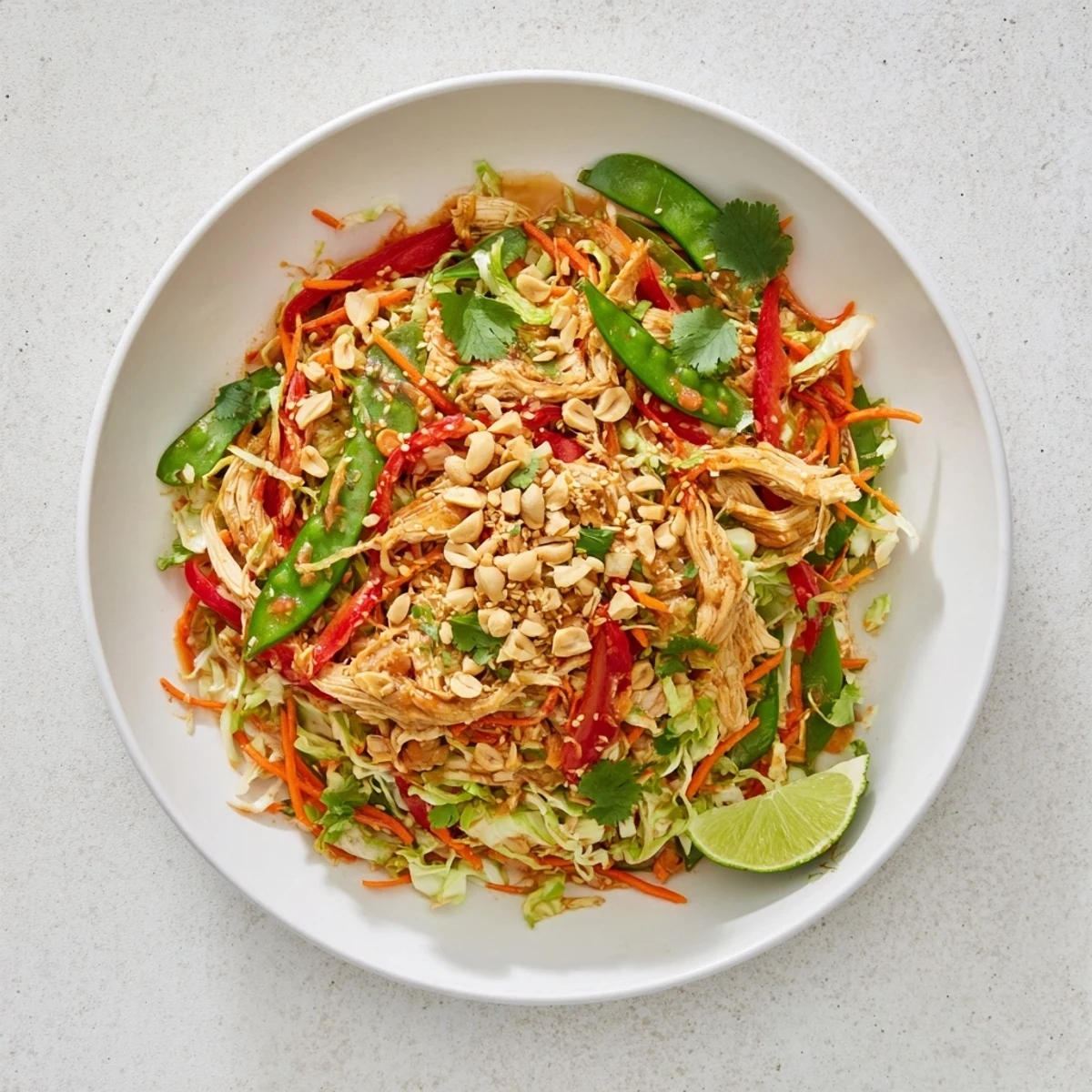Protein-packed Asian chicken salad featuring crisp vegetables and zesty sesame lime dressing