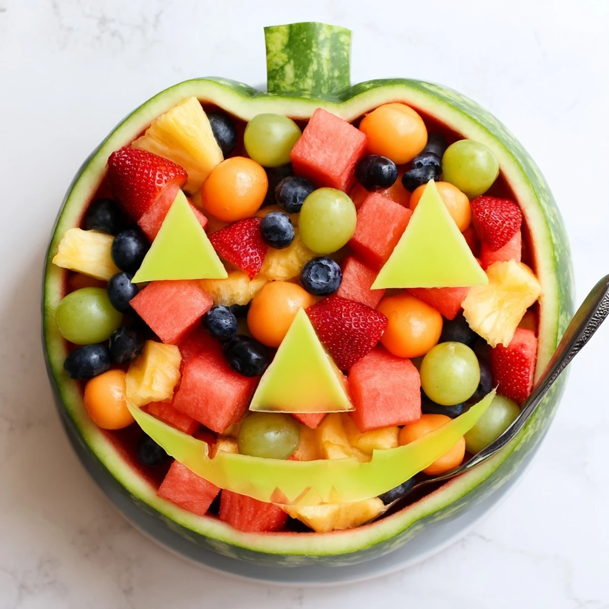 Fresh watermelon jack o lantern fruit salad bowl displaying vibrant melon balls berries and pineapple