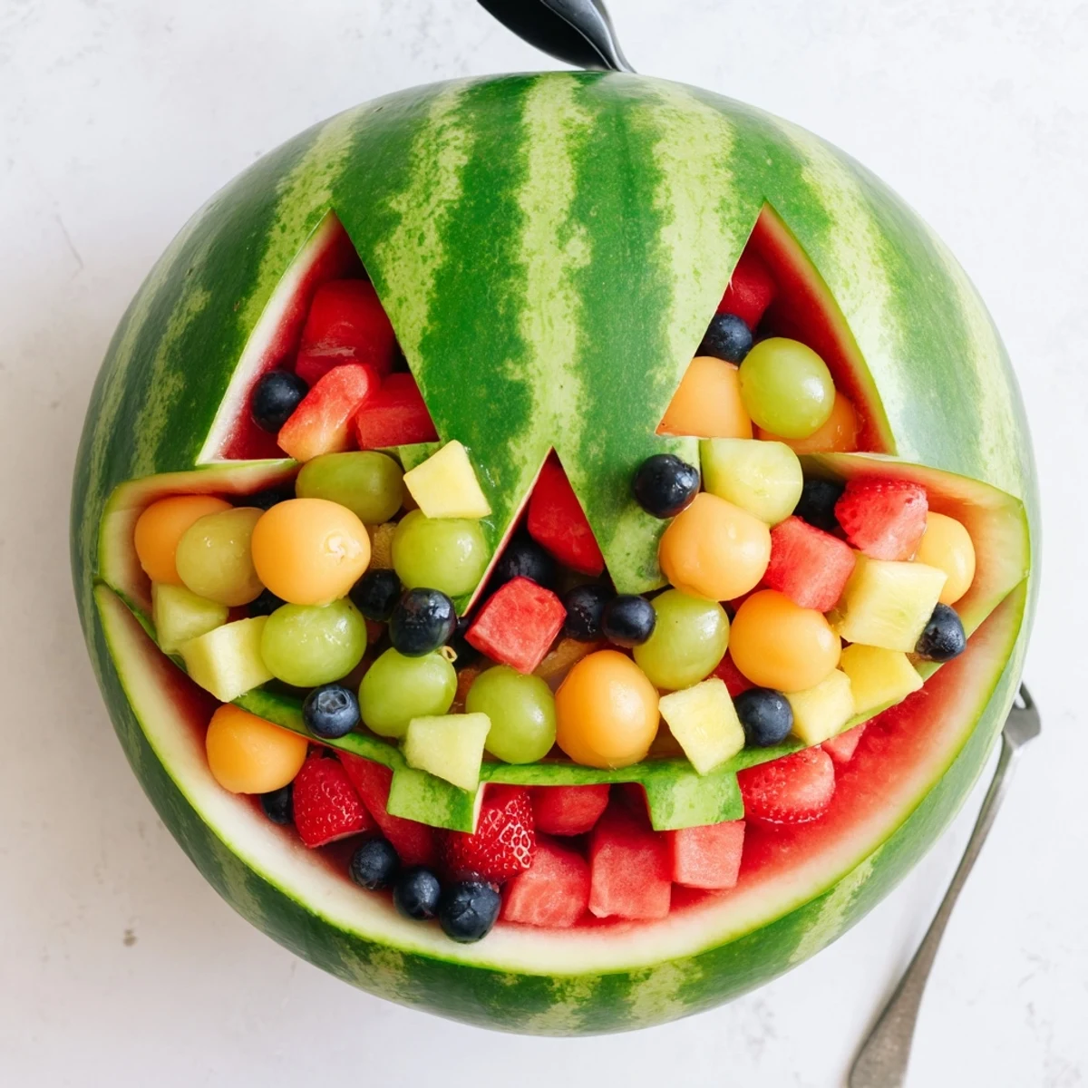 Whimsical watermelon jack o lantern fruit salad featuring juicy strawberries grapes and refreshing honeydew cubes