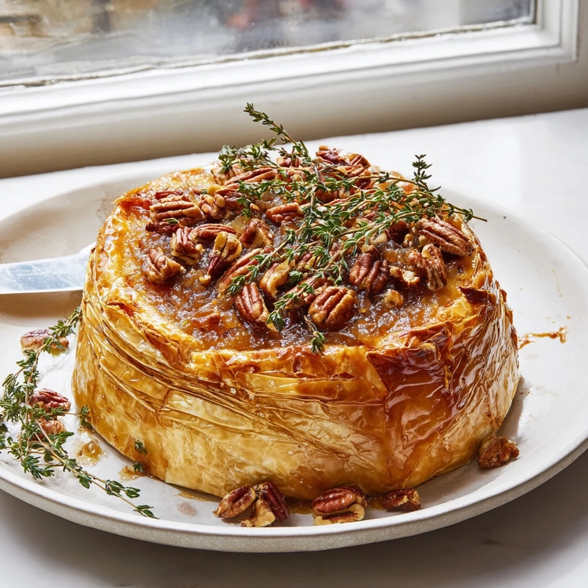 Golden baked brie wrapped in puff pastry with sweet fig jam and fresh thyme garnish