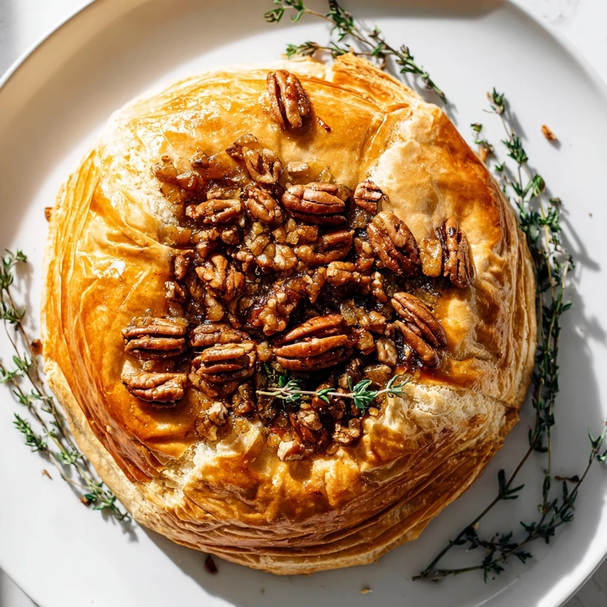 Warm baked brie appetizer melting inside golden brown pastry with fig jam and toasted nuts