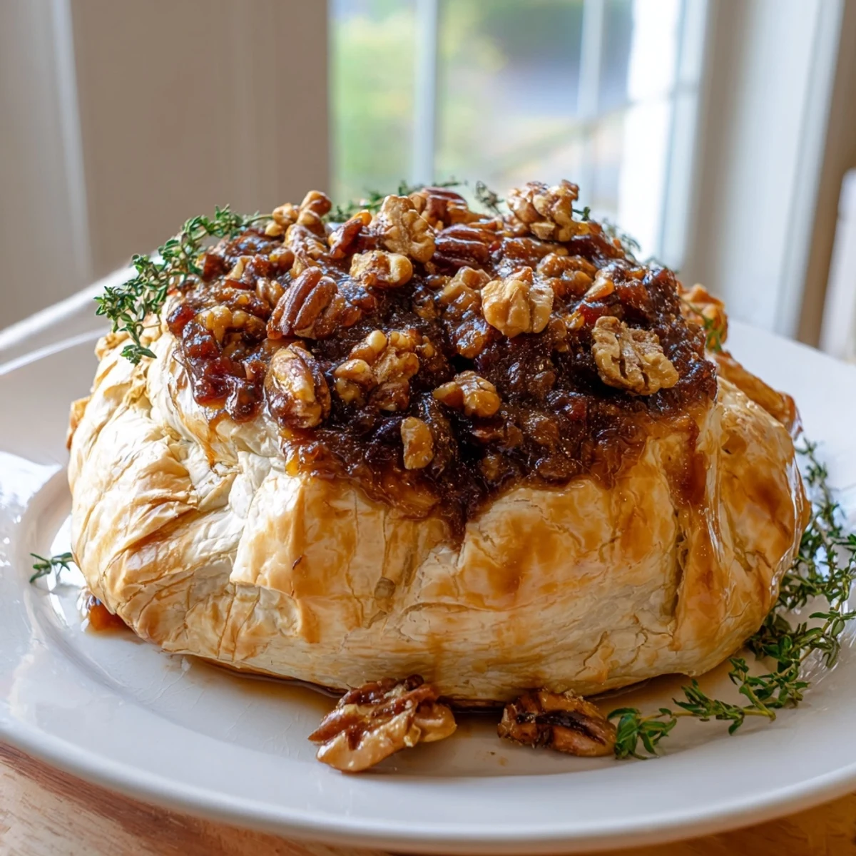 Molten gooey brie cheese bubbling beneath flaky pastry crust topped with fig preserves